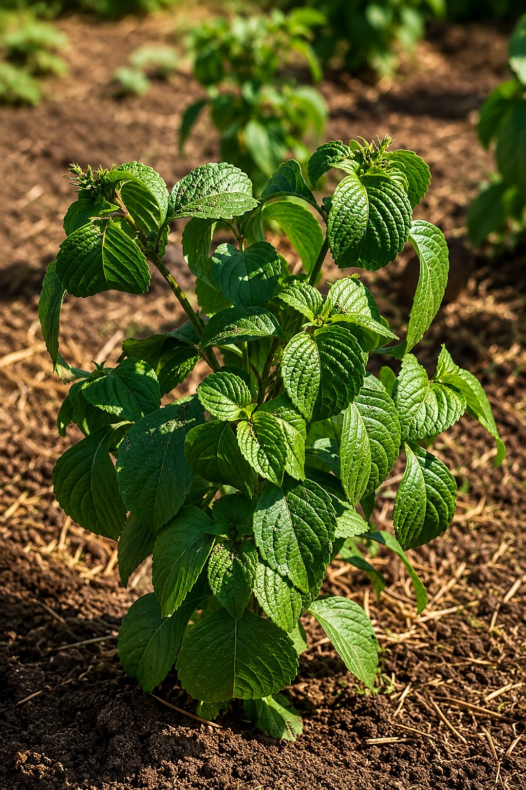 African basil plant thriving in the beds